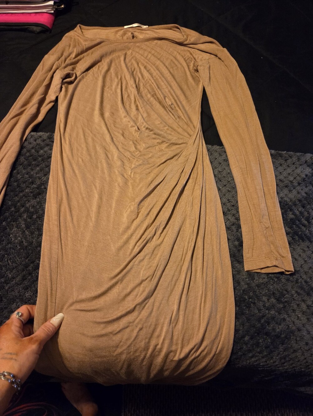 Heart Hips Long Sleeve Ruched Bodycon Dress - Taupe